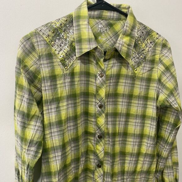 Rock 47 by wrangler cowgirl plaid western rodeo shirt with gems - Picture 6 of 6